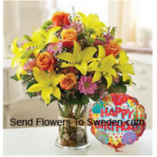 Beautiful Assorted Flowers with Birthday Balloon