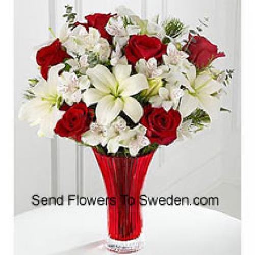 Elegant Red Roses and White lilies in Vase